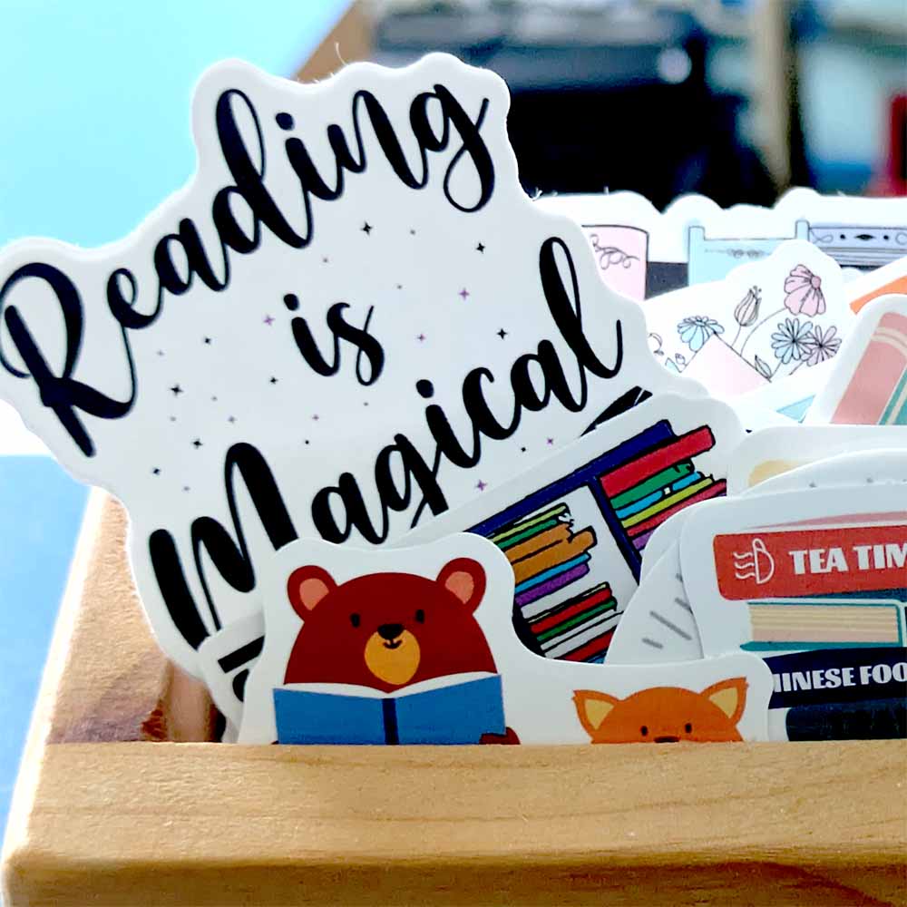 Box of stickers saying Reading is Magical