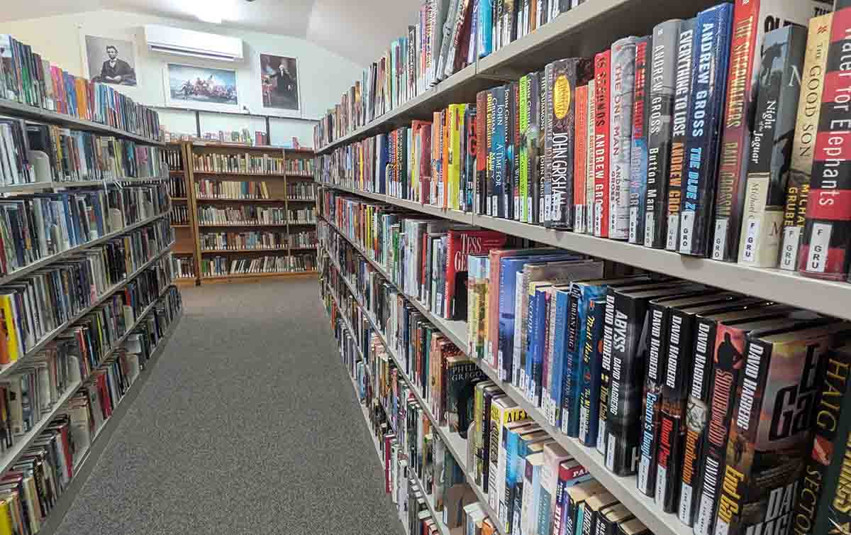 book shelves at Katahdin Public Library in Island Falls, Maine